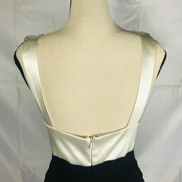 Ivory Satin and Black Pleated Halter Formal Dress - Picture 7 of 7